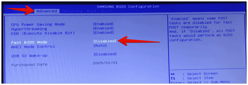 disable fast BIOS mode in Advanced options
