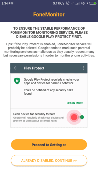 Disable Google Play Protect to run FoneMonitor service in the background