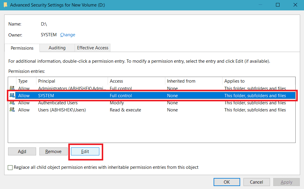 Choose user to edit permissions