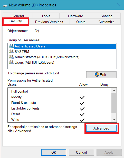 Select User and click Advanced