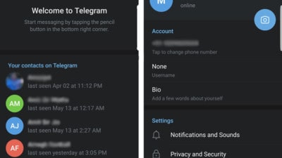 Telegram App with Main Menu on the Left and Settings on the Right