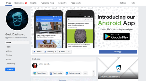 Homepage of Geek dashboard in classic facebook