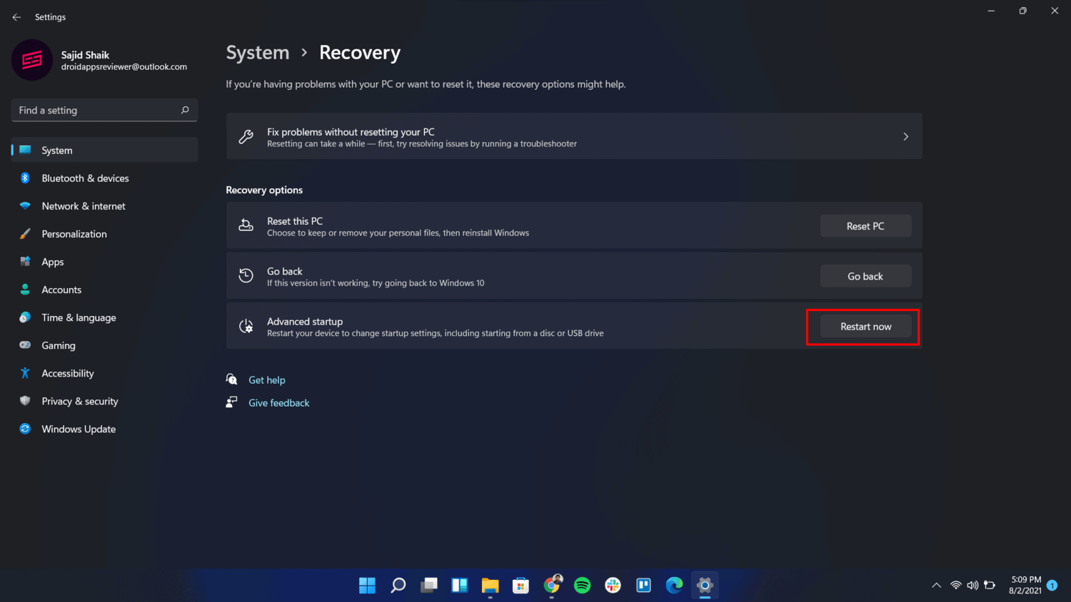 tvinga bort en fil som används med Säkert läge - Avancerad start i Inställningar (Windows 11)