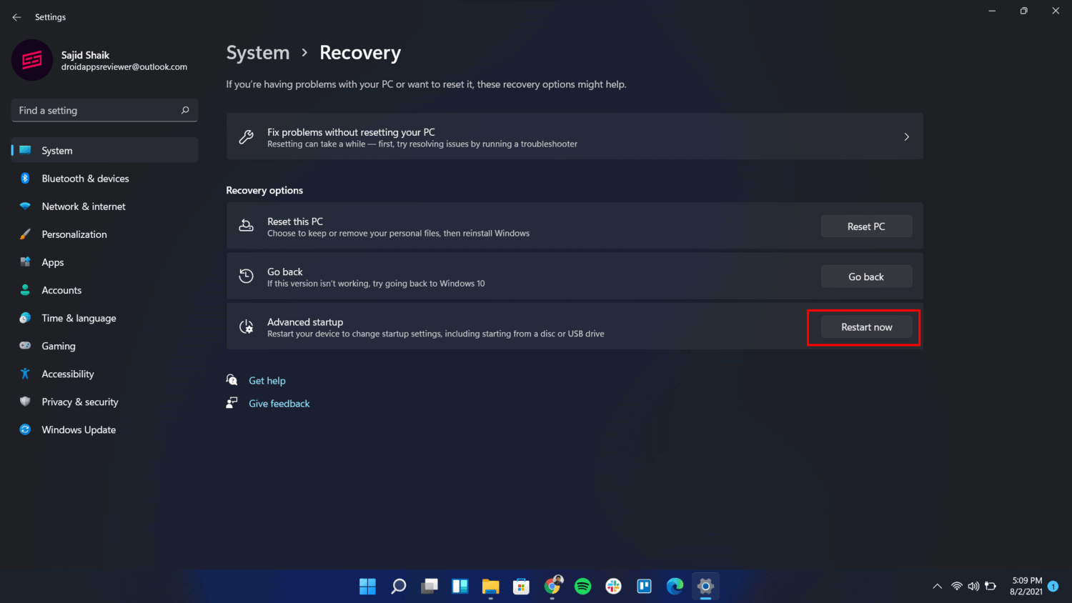 pakota poistamaan käytössä oleva tiedosto vikasietotilassa-Advanced Startup in Settings (Windows 11)