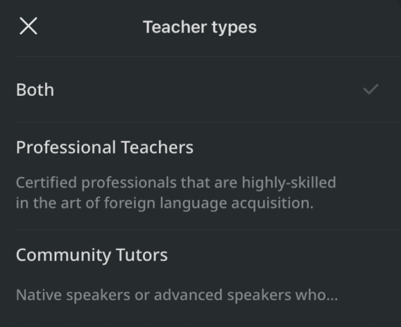 Teacher Types in italki App