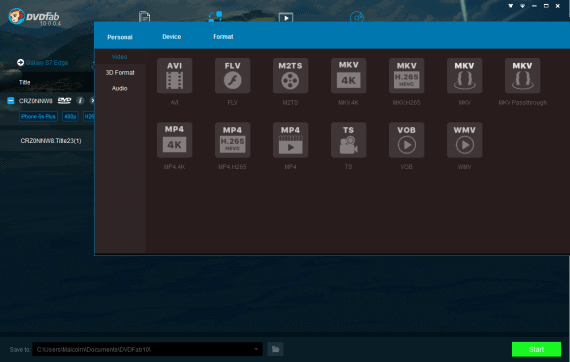 Different formats available in the software